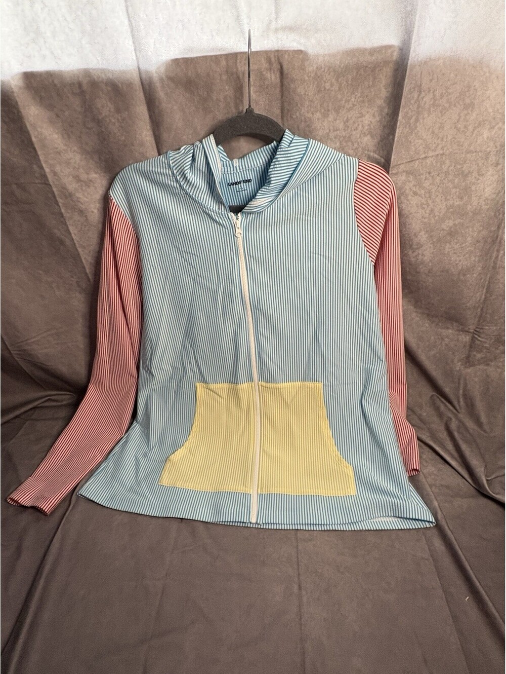 Lands’ End Womens Hooded Zip Up Jacket Blue Stripe Colorblock Size 14-16
